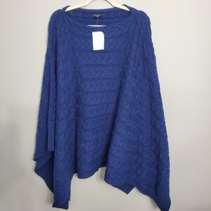 Lands' End Royal Blue Cable Knit  Merino Wool Blend Poncho L/XL Boho Quietluxury
